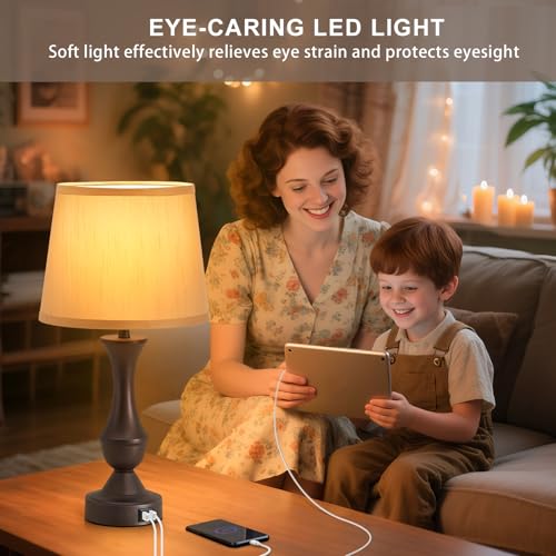 Luvkczc 22" Table Lamp Set of 2 - Farmhouse Vintage Brown Bedside Lamp with Brown Fabric Shade, Dimmable, USB C+A Ports, Nightstand Lamp for Living Room Bedroom (Bulb Included) - color: Brown,Brown, size: 22in