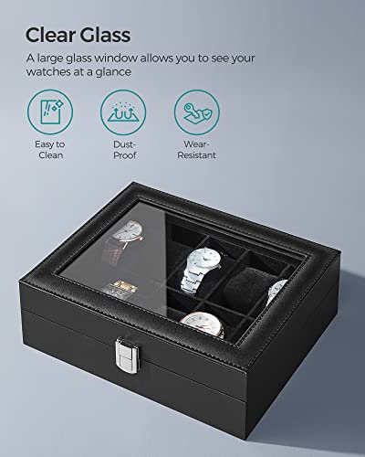 SONGMICS Watch Box, 10-Slot Watch Case Organizer with Large Glass Lid, Removable Pillows, Gift for Loved Ones, Black Synthetic Leather, Black Lining UJWB010B02 - color: Black + Black, size: 10 Slot