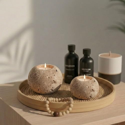Radicaln Marble Tealight Candle Holder 4" Inch Travertine Handmade Decorative Votive Candle Holder for Home Decor, Elegant Set of 3 Mini Candle Holders & Marble Taper Holder for Housewarming - color: Travertine