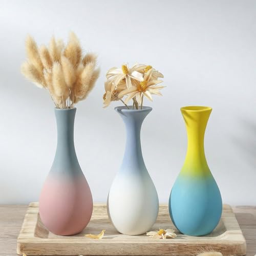 Handmade Ceramic Bud Vases Set of 3, Gradient Ombre Colors, Matte Frosted Finish, Teardrop Shape with Narrow Necks, Modern Minimalist Decor