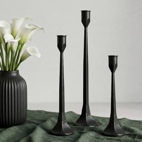 Black Iron Taper Pillar Candle Holders Set of 3, Candlestick Holders Rustic Vintage Decorations, Tall Candle Stand for Home Decor Mantle Dining Coffee Table Outdoor Wedding-11.8"+13.8"+15.4" - color: Black