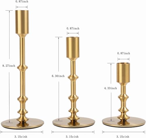Gold Candle Holders, Modern Taper Candle Holders for Table Mantel Dining Wedding Home Decor, Brass Candlestick Holders Set of 3