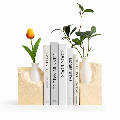 Ceramic Vase Bookends for Shelves, Modern Decorative Bookends with Flower Vase, Aesthetic Bookshelf Decor Book Ends with 2 Artificial Tulip Flowers