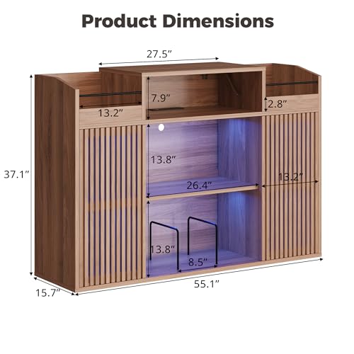 IRONCK Luxury Record Player Stand with Storage, Holds 1500+ Vinyl Records, Large Record Storage Cabinet with Sliding Doors & Charging Station & LED Light, Brown