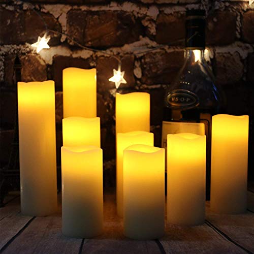 Hanzim Flameless Flickering Battery Operated Candles D2.2''*H4 5" 6" 7" 8" 9" Set of 9 Ivory Real Wax Pillar LED Candles with 10-Key Remote and Cycling 24 Hours Timer (Ivory) - color: H01# Ivory