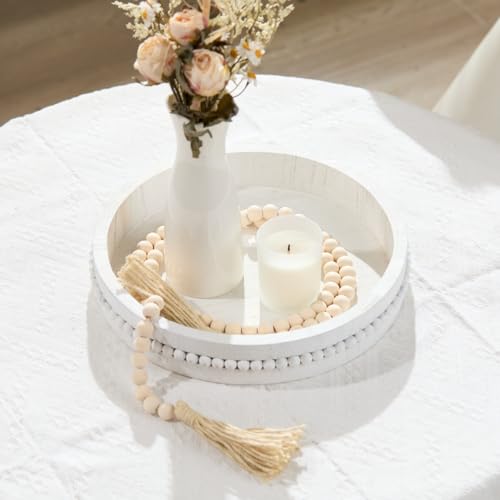 Decorative Wooden Tray: Beaded Round Coffee Table Tray for Centerpiece, Rustic Farmhouse Wood Serving Tray for Entry, Living Room and Kitchen Counter Decor, 11.8 inch - Distressed White