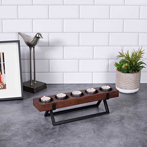 BIRDROCK HOME 5-Candle Centerpiece | Fits Small 2" D Votive Candles | Wooden Candle Holders with Black Iron Stand | Long Candelabra Decor for Tables, Weddings, Vintage Events | Mango Wood Brown/Black