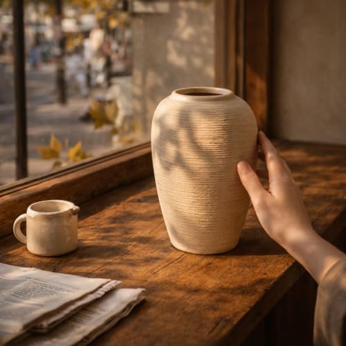 Beige Textured Ceramic Vase (9.8in Tall) - Boho Minimalist Rustic Vase with 3.4in Opening, Neutral Home Decor Vase for Fresh/Dried Flowers, Living Roo - size: 9.8in