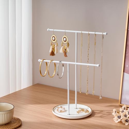 White Jewelry Holder Stand with Ceramic Tray: Small Hanging Necklace Organizer Tree for Earrings, Bracelets, Rings – Jewelry Display Hanger for Women & Girls, White - color: white tray white bar