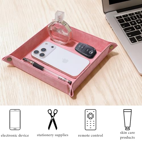 Valet Tray Desktop Storage Organizer – Premium PU Leather Catchall Bedside Vanity Tray Nightstand Caddy Holder for Remote Controller, Keys, Phone, Wallet, Coin, Jewelry,Pink - color: Pink