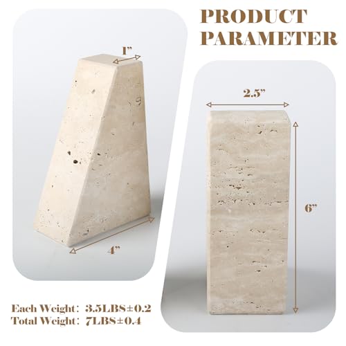 Karibiber Travertine Bookends for Heavy Books, Marble Decorative Bookends for Shelves, Heavy-Duty Stone Book Ends for Hardback Book & Cookbooks, Unique Book Stopper & Holder, Travertino Italy - color: Travertine
