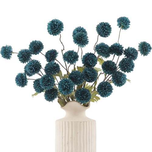 DuHouse 6pcs Artificial Flowers Faux Silk Pompon Mum,Silk Small Mini Chrysanthemum Ball with Stems for DIY Bouquets Centerpieces Vase Home Table Kitchen Decorations(Peacock Blue) - color: Peacock Blue, size: 6pcs