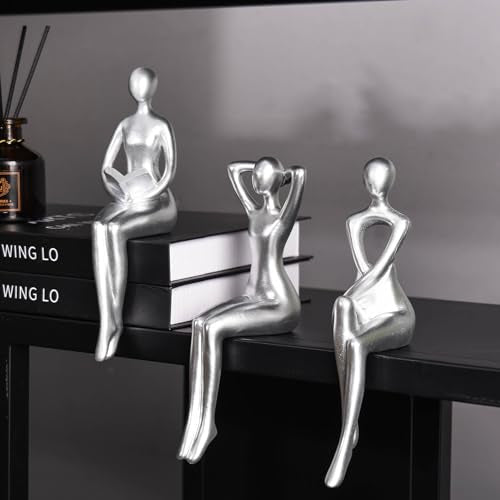 Quoowiit Thinker Statue Office Desk Decor, Silver Art Sculpture Ornament Coffee Table Bookshelf Decor Modern Home Unique Home Decorations for Living Room 3 Piece - color: Silver