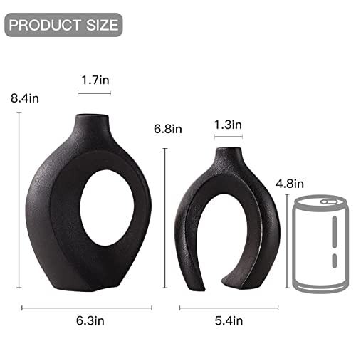Levvohd Black Hollow Ceramic Vase Set of 2, Snuggle Round Boho Donut Modern Vase Nordic Minimalist Decorative Vase for Modern Trendy Home Table Centerpiece Decor (W 6.3" X H 8") - color: Black - Round Large