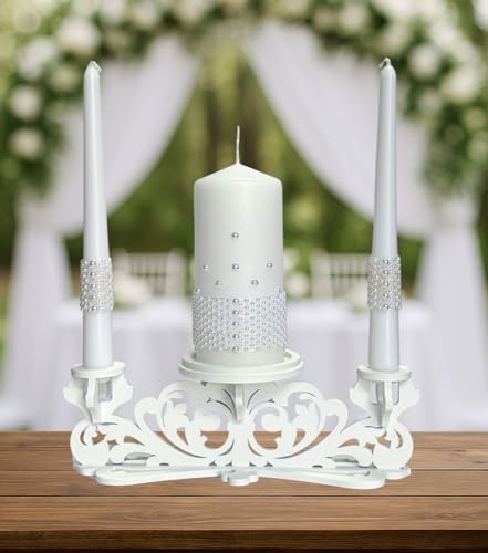 Wooden Unity Candle Holder – Solid One-Piece Triple Candle Stand – Handcrafted from Natural Wood – Painted in Safe Premium White Finish – Fits 2 Taper (0.80”) & 1 Pillar Candle (3”)