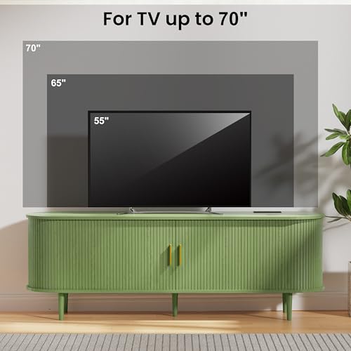 DHH 63 Inch Mid Century Modern TV Stand with Power Outlet for TVs up to 70 Inch, Entertainment Center with Storage and Adjustable Shelves, Media Console with Sliding Doors for Living Room(Green) - color: Green, size: 63 Inch