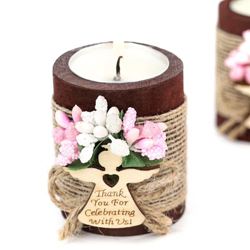 Ju's Favors Wooden Candle Holders Set of 10 for Baptism Gift for Guests, Christening Gifts, Party Favors. (Dark brown - pink) - color: Dark Brown - Pink