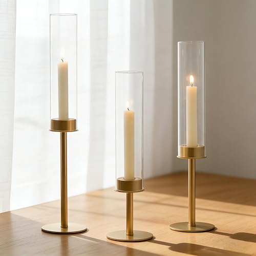 Hewory Gold Candle Holders, 3Pcs Brass Candle Stick Candelabra with Glass Candle Cover for Wedding Table Centerpiece Christmas Decor - color: Matte Gold, size: 3pcs