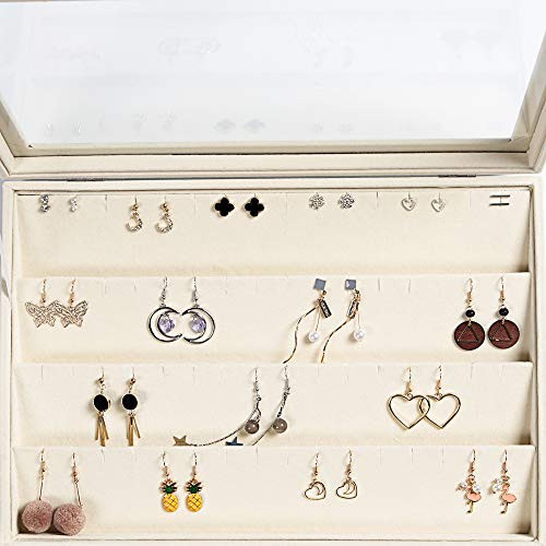 Frebeauty Earring Organizer Tray with Clear Lid 64 Slots Velvet Drawer Insert Earring Storage box with Transparent Glass lid Jewelry Display Case Store Showcase Gifts for Women(Beige, Earrings) - color: Beige, size: 64 Slots