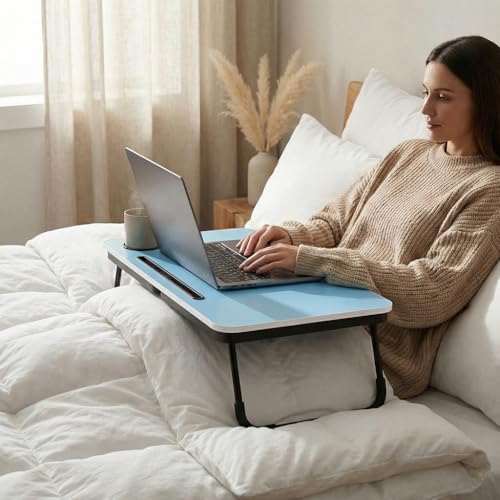 BUYIFY Foldable Laptop Bed Desk for Couch, Sofa - Large Lap Desk Tray Table with Cup Holder and Tablet Slot - Portable Notebook Stand for Eating, Writing, Studying and WFH (Blue) - color: Blue