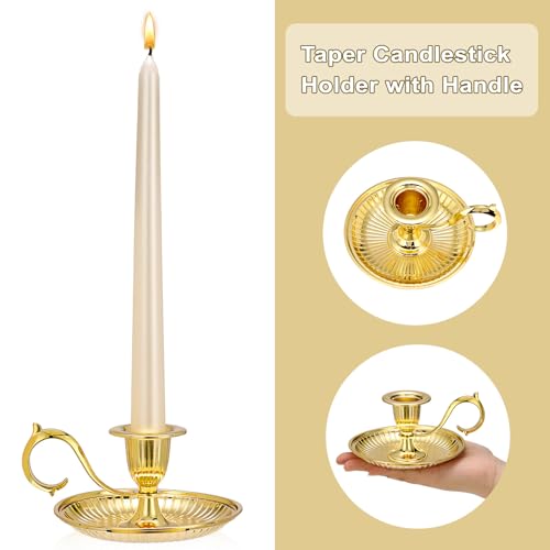 OwnMy 1 Vintage Candlestick Holder Decor, Antique Brass Taper Candle Holder with Carry Handle and Candle Drip Catcher Tray, Eleagnt Taper Candle Stand for Wedding Dining Table Centerpiece, Gold - color: Gold
