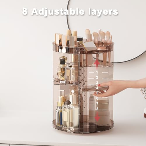360 Rotating Makeup Organizer with Lipstick Slots, DIY 8 Adjustable Height Spinning Skincare Organizers, Brush and Perfume Storage Carousel, Cosmetic Display Case for Vanity Bathroom Countertop - color: Slot Top Coffee