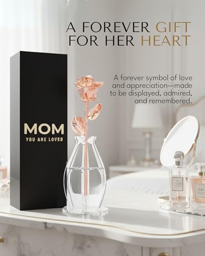 Forever Rose Bloom Box & Phantom Vase Combo, Rose Gold Dipped Rose in a Personalized Gift Box That Says Mom You are Loved Embossed in Gold Foil, Unique & Everlasting Gift for Any Occasion - color: Rose Gold Rose (Vase & Mom You Are Loved Box)