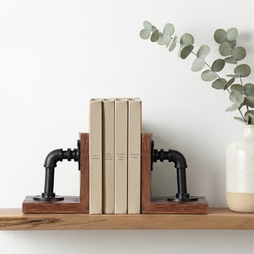 Industrial Decor Book Ends - Steampunk Decor Book Ends for Shelves, Resin Book Ends for Heavy Books, Mens Office Decor Bookends for Shelves, Unique Vintage Pipe Decorative Bookends - color: Dark Brown