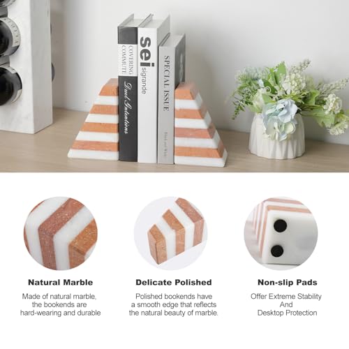 Karibiber Marble Book Ends, Non-Skid Bookends for Shelves, Composite Bookend with Natural Stone, Heavy Duty Book Stopper, Collected CDs and Oversized Books Organizer, White & Red Decorative Bookends - color: White&red
