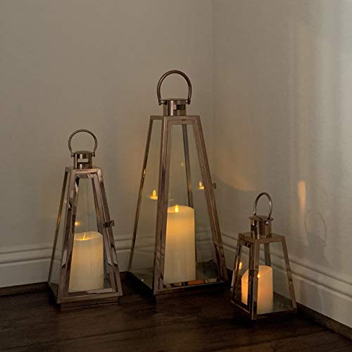 allgala Lantern Jumbo Deluxe Modern Indoor/Outdoor Candle Stainless Steel Rectangular Frame with Lattice Grid Tempered Glass for Garden Poolside Fireplace Wedding (Pack of 3, 24 Inch, Rose Gold) - color: Taper Rose Gold