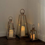 allgala Lantern Jumbo Deluxe Modern Indoor/Outdoor Candle Stainless Steel Rectangular Frame with Lattice Grid Tempered Glass for Garden Poolside Fireplace Wedding (Pack of 3, 24 Inch, Rose Gold) - color: Taper Rose Gold