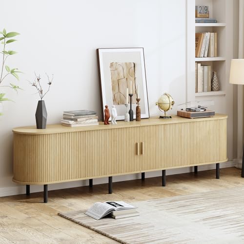 86.6" TV Stand with Power Outlet, Mid-Century Modern Television Stand, Fluted Media Console with Sliding Doors, Entertainment Center for TVs up to 90 Inch, Adjustable Shelves, Oak - color: Oak, size: 86.6 Inch