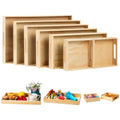 PONGJA Wooden Serving Trays with Handle - 7 Pieces Unfinished Wood Nested Breakfast Food Serving Trays for Craft Kids Montessori Snacks Home Decor Kitchen Party Dinner
