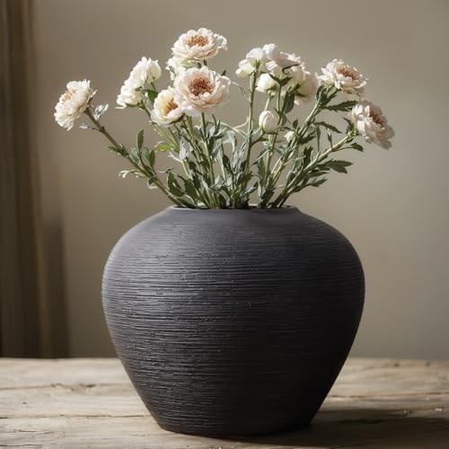 Rustic Ceramic Vase, 7" Black Farmhouse Tall Vase, Vintage Vases, Modern Terracotta Decor Vases for Home Decor, Living Room, Entryway, Table Centerpieces, Shelf, Kitchen, Housewarming Gifts - size: 7in