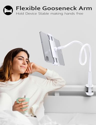 Tryone Gooseneck Tablet Holder Stand for Bed Adjustable Flexible Arm Tablets Mount Clamp on Table Compatible with iPad Air Mini | Galaxy Tabs | Kindle Fire | Switch or Other 4.7-10.5" Devices - color: White