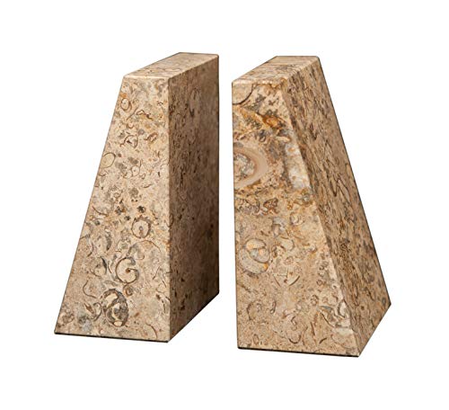 Modern Wedge Marble Bookends – Hand Carved, Polished Stone Bookends w/Non-Slip Rubber Pads – Lightweight & Compact Decorative Bookends (Fossil Stone) - color: Fossil Stone