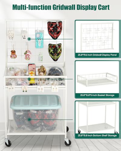 AHOWPD Grid Wall Panels Display Cart - Rolling Heavy Duty Metal Wire Grid Wall Display Stand Rack with 10 Hooks & 10 S Hooks for Craft Shows, Retail Art Fair and Flea Market (White Cart, 1 pc) - color: White Cart