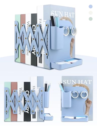 Heavy Duty Bookends Adjustable Book End, Desk Book Holder for Shelves, Book Organizer for Desk, Suitable for Office Home School (19.69 inches Max) (Blue) - color: Blue
