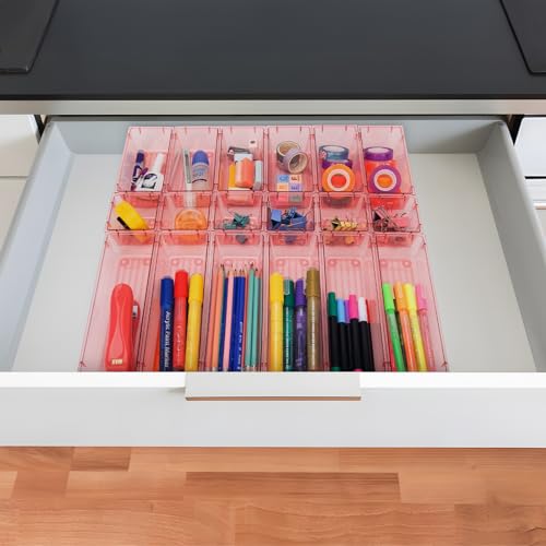 25 Pack Desk Drawer Organizer Set,Vanity and Desk Drawer Storage Bins,Clear Plastic Drawer Organizer Trays for Makeup,Office,Bathroom and Kitchen(pink)