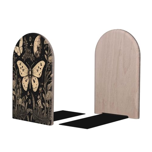 Decorative Bookends 2 Pcs Vintage Gothic Floral Moon Butterfly Wood Bookends for Shelves Heavy Books Kids Non-Skid Book Ends Stoppers for Office Desk Kitchen School - color: Vintage Gothic Floral Moon Butterfly
