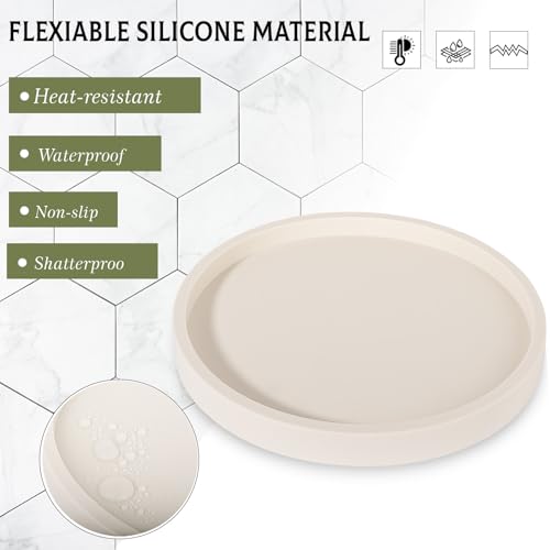 Silicone Bathroom Tray Round Vanity Tray Decorative Soap Holder Kitchen Countertop Organizer Coffee Table Decor for Candle, Perfume, Plant, 9 Inch, Beige - color: Beige, size: 9"