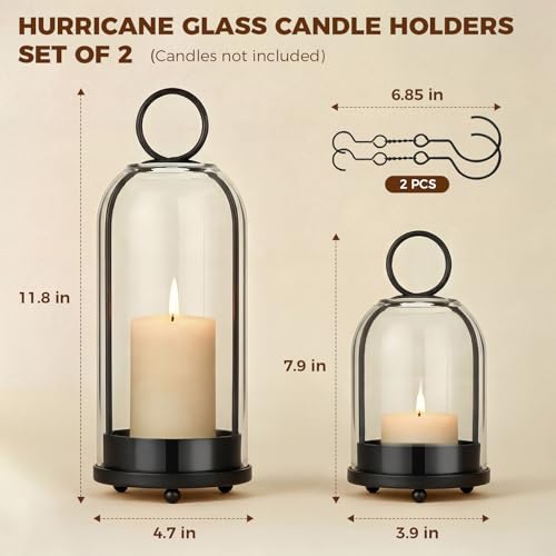 5"&4" Hurricane Glass Candle Holders, Hanging Black Metal Candle Holder for Pillar Candles Table Coffee Table Decor Interior Decoration - color: Black
