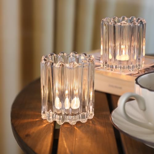 HAVITI Glass Clear Votive Candle Holder, Ribbed Votive Candle Holders Set of 6, Tealight Candle Holder for Wedding Centerpieces Dinner Party Table Decor - color: Clear