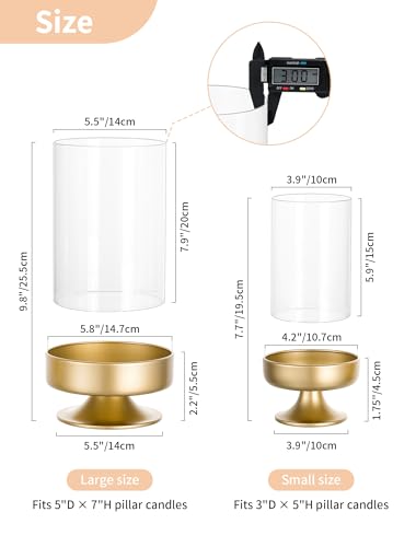NUPTIO Candle Holders for Pillar Candles: Gold Large Holders with Hurricane Glass Sleeve for Outdoor - Brass Stands Set of 3 for Fireplace Table Centerpiece