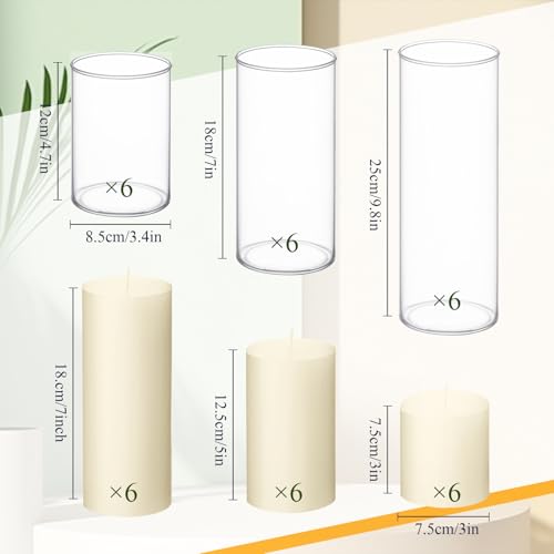 Shihanee 36 Pcs Pillar Candles with Glass Cylinder Vases Tall Hurricane Candle Holders Cylinder Vases for Centerpieces Wedding Party Decor, Total 18 Sets(Clear,Ivory White) - color: Clear,ivory White