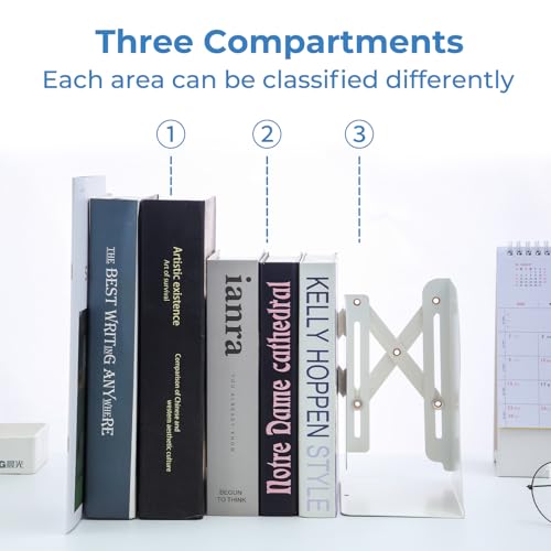 M&G Adjustable Bookends Book Ends for Shelves, Metal Bookend for Heavy Books, Desk Magazine File Organizer Holder Extends up to 20in, Book Stopper for Home, Office, Classroom (White) - color: White