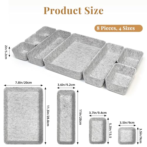 8pcs Felt Desk Drawer Organizer Tray, 4 Sizes Drawer Organizers Set for Office Supplies, Jewelry, Makeup, Cosmetics, Desk & Drawer Storage (Light Gray) - color: Light gray