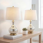 JONATHAN Y 25" Mercury Silver and Brass Gold Glass Table Lamp Set of 2 for Bedroom, Modern Bedside Lamp for Living Room Nightstand, White Linen Drum Shade, LED Bulb Included JYL1068A-SET2 - color: Mercury Silver