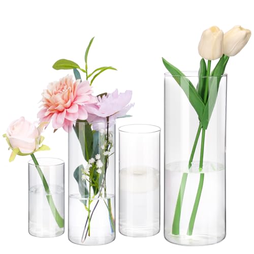 Fixwal 4pcs Clear Glass Cylinder Vases, 4, 6, 8, 10 Inch Tall Cylinder Vases for Centerpieces, Glass Flower Vase Floating Candle Holder Vase for Table Shelf, Party, Wedding, Home Decor - size: 4pcs