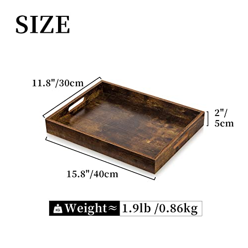 Hanobe Brown Decorative Serving Trays: Rustic Brown Rectangle Tray Decor with Cutout Handles for Coffee Table Ottoman Living Room Kitchen Home Decor, Large - size: 15.8" x 11.8" x 2"